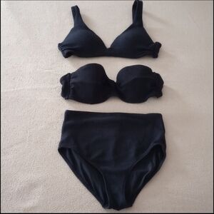 HM Black Bikini With Two Tops - Deep V and Bandeaux - High Waisted Bottoms